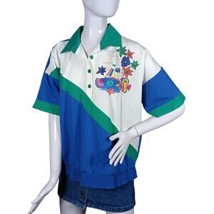 Vintage Granny Core Nikki Blouse Pullover Floral and Ocean Print Size 13/14 Blue